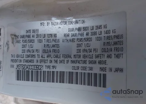 2012 Mazda Cx-9 из США, поврежденный, VIN JM3TB2DA0C0339021